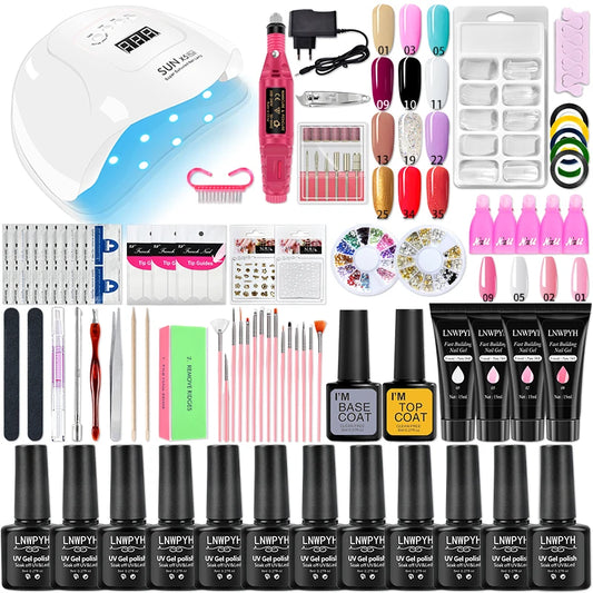 Acrylic Nail Kit Poly Nail Gel Kit with Nail Lamp Nail Extension Glitter Gel UV Building Gel Nail Polish Kit Manicure Tools Set